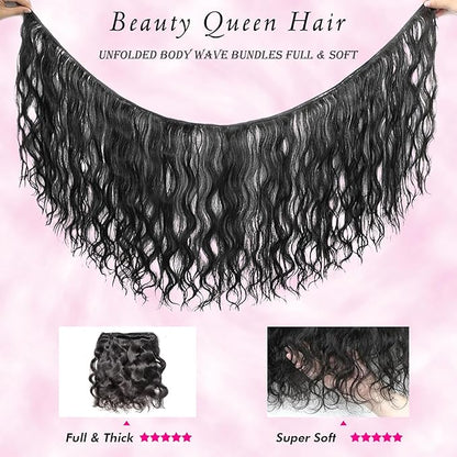 Beauty Queen 3 Bundles Human Hair Body Wave (20 20 20 Inch) 16A Grade Unprocessed Brazilian Sew In Thick Hair Bundles Virgin Hair Extensions Natural Color