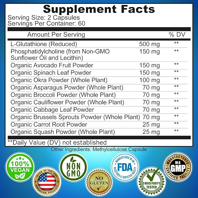 Liposomal Glutathione 500mg - Active Form L Glutathione (Reduced) for Maximum Absorption - Made with Organic Whole Foods - Master Antioxidant & Detoxifier - Immune & Cardiovascular Support - 120 count