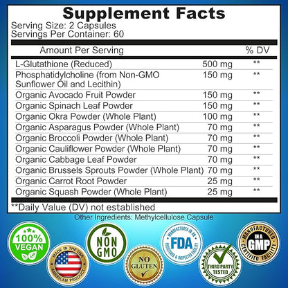 Liposomal Glutathione 500mg - Active Form L Glutathione (Reduced) for Maximum Absorption - Made with Organic Whole Foods - Master Antioxidant & Detoxifier - Immune & Cardiovascular Support - 120 count
