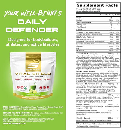 Granite Supplements Vital Shield - (30 Servings) Greens Superfood Powder - Fruit & Vegetable Super Foods Powder for Performance, Gut Health, Immunity & Nutrition, Lemon Lime Berry Greens