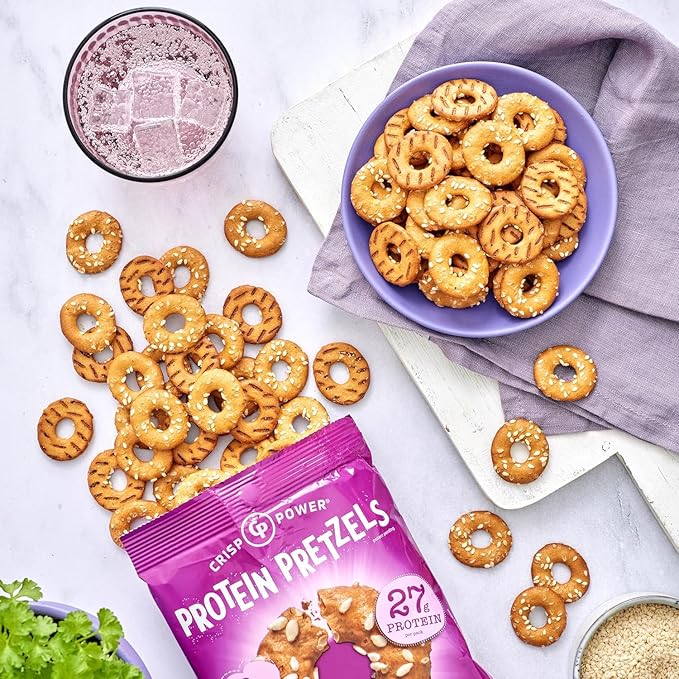 Crisp Power High Protein Pretzel Crisps - 6 Pack x 1.75 oz Crunchy & Flavorful Plant-Based Snack. No Sugar, 28g Protein Per Pack in 3 Savory Flavors, Vegan, Keto Friendly, Non-GMO, Kosher Non-Dairy (1.75 Ounce (Pack of 24), Sesame)