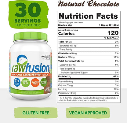 Rawfusion- Vegan Protein Powder, Natural Chocolate - 30 Servings, 21g of Plant Based Protein, Low Net Carbs, Non-Dairy, Gluten/Lactose Free, Soy Free, Kosher, Non-GMO, 2lbs Pound