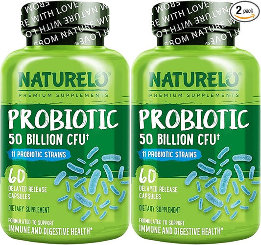 NATURELO Probiotics for Digestive Health - 50 Billion CFU, 11 Strains, Daily Use Supplement - Boosts Immune System, Delayed Release, No-Fridge, 60 Vegetarian Capsules (2 Pack)