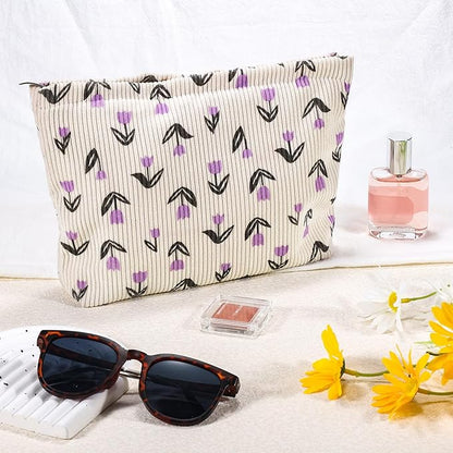Flower Makeup Bag Travel Large Cosmetic Bag for Women Cute Makeup Pouch Zipper Cosmetic Pouch for Purse Corduroy Aesthetic Purple Floral Skincare Organizer Bag Portable Toiletry Bag