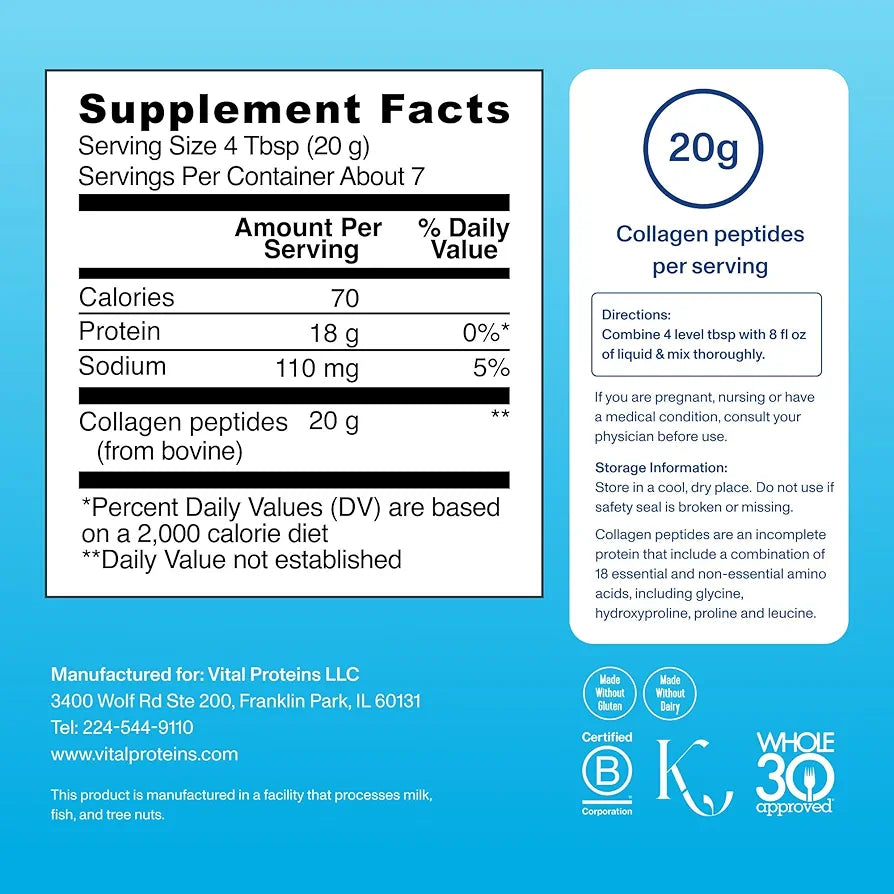 Vital Proteins Collagen Peptides Powder Supplement for Skin Hair Nail Joint Health or Support - Hydrolyzed Collagen - Unflavored, 7 Servings