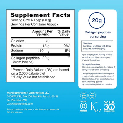 Vital Proteins Collagen Peptides Powder Supplement for Skin Hair Nail Joint Health or Support - Hydrolyzed Collagen - Unflavored, 7 Servings