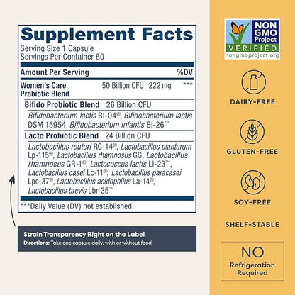 Renew Life Women's Probiotic Capsules, 50 Billion CFU Guaranteed, Supports pH Balance, Vaginal, Urinary, Digestive and Immune Health(2), L. Rhamnosus GG, Dairy, Soy and Gluten-Free, 60 Count