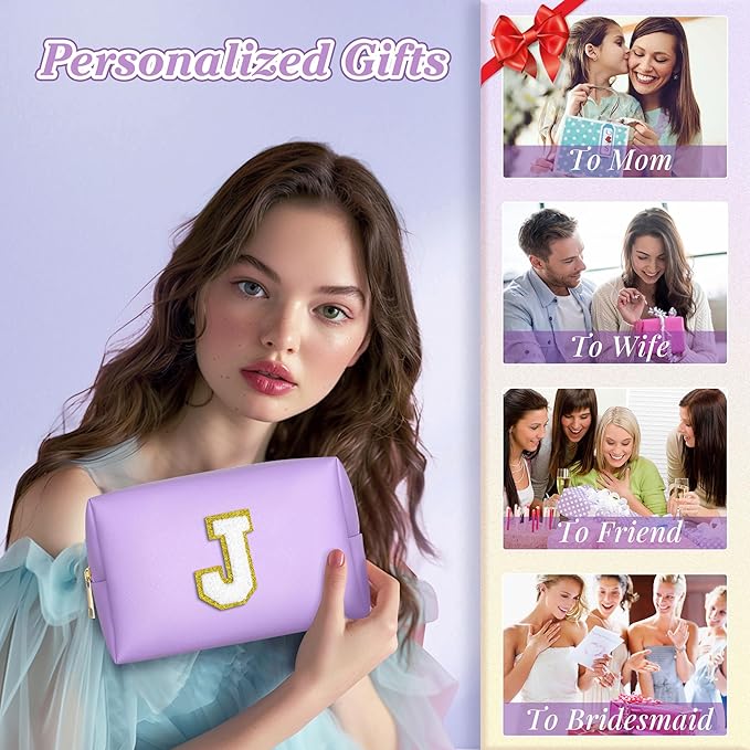 TOPEAST Initial Cosmetic Bag, 2 PCS Makeup Pouch Makeup Organizer Bag PU Leather Chenille Letters Waterproof Travel Toiletry Bag Personalized Birthday Gifts for Mom Grandma, Purple A