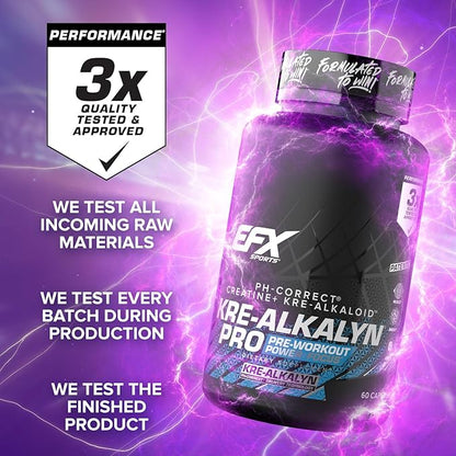 EFX Sports Kre-Alkalyn Pro | pH Correct Creatine Monohydrate Pill Supplement | Muscle Building Pre Workout for Men & Women | 30 Servings, 60 Capsules