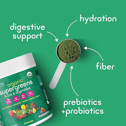 Zena Organic Super Greens Powder, 70+ Superfoods Drink Mix, 0 Sugar, 3G Fiber, Fruits, Veggies, Spirulina, Chlorella, Antioxidants, Pre & Probiotics, Digestive Enzymes, Mixed Berry Flavor, 30 Servings