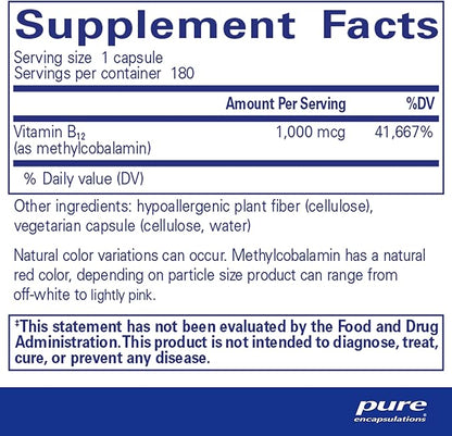 Pure Encapsulations Methylcobalamin 1,000 mcg - Vitamin B12 Supplement to Support Memory & Nerve Health - Premium Vitamin B12 Capsules - 180 Capsules