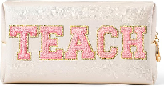 CY2SIDE TEACH Letter Makeup Bag - Pink TEACH Chenille Letter Patch Cosmetic Bag Shell Gold PU Leather Patch Travel Pouch Waterproof Portable Zipper Travel Organizer Case for Teacher Appreciation Gifts