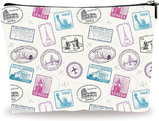 Full Print Makeup Bag - Travel Stamps Theme - Waterproof Cosmetic Bag, Toiletry Bag, Gift For Girls, Besties, Personal Care & Accessories - A22