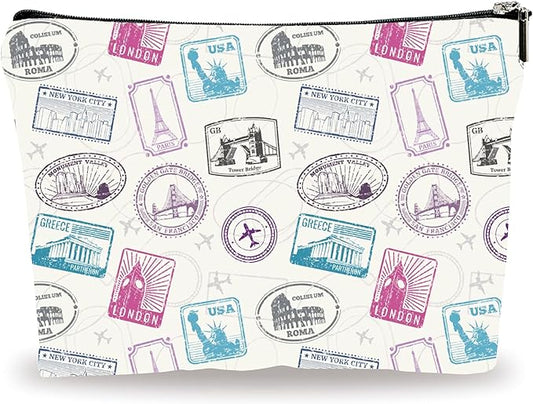 Full Print Makeup Bag - Travel Stamps Theme - Waterproof Cosmetic Bag, Toiletry Bag, Gift For Girls, Besties, Personal Care & Accessories - A22