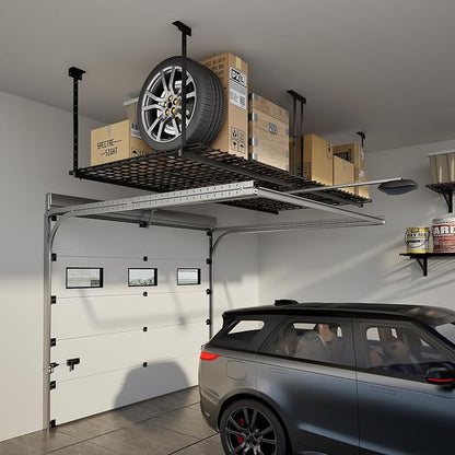 45-Inch x 45-Inch Overhead Garage Storage Rack, 17"-28" Height Adjustable Garage Ceiling Storage Racks, Heavy Duty Storage Organizer System, 250LBS Weight Capacity, Black