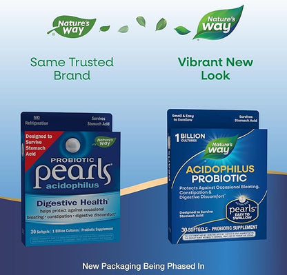 Nature's Way Acidophilus Probiotic Pearls, Supports Digestive Balance and Gut Health*, Protects Against Occasional Constipation and Bloating*, 1 Billion Live Cultures, 30 Softgels (Packaging May Vary)