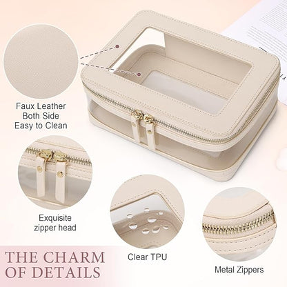 Travel Clear Makeup Bag with Brush Case TSA Approved Toiletry Bag Waterproof Cosmetic Organizer Car Essential for Women (Beige, M+SLIM)