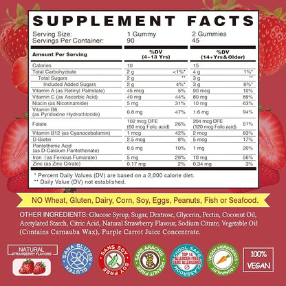 Iron Gummies Supplements for Kids & Women - Multivitamin with Iron for Blood Builder, Great Tasting Iron Gummy Vitamins with Vitamin C for Max Absorption - Strawberry (3 Packs)