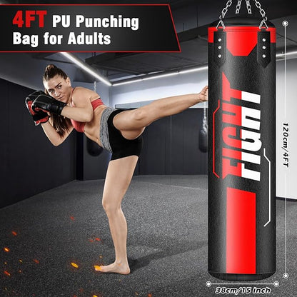 Hanging Punching Bag for Adults, 4ft PU Leather Heavy Boxing Bag Set, Hanging Bag Boxing Equipment for MMA Karate Kickboxing Boxing Home Gym
