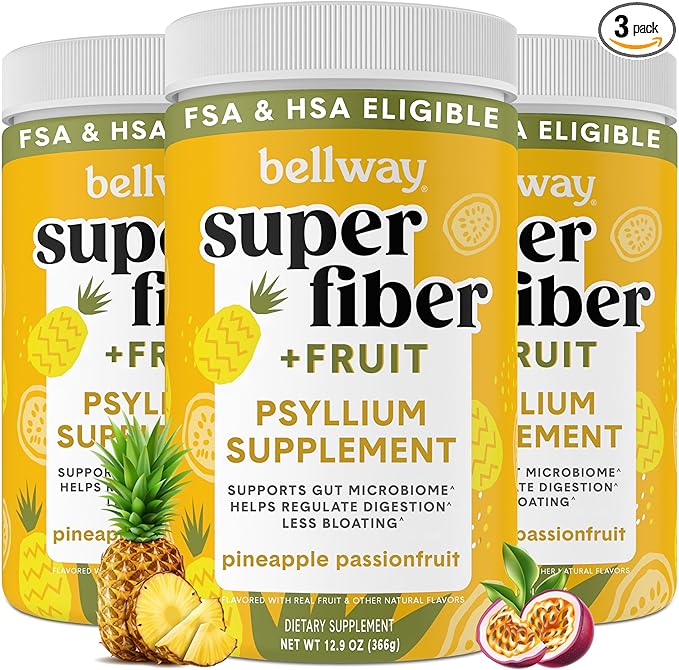 Bellway Super Fiber Powder + Fruit (3 Pack), Sugar Free Organic Psyllium Husk Powder Fiber Supplement for Regularity, Bloating Relief & Gut Health, Plant-Based, Pineapple Passion Fruit (150 Servings)