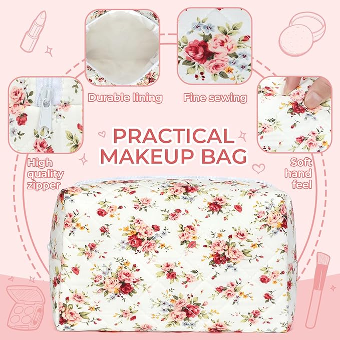 Quilted Makeup Bag Set,Large Floral Cosmetic Pouch For Women,Cute Cotton Brushes Storage Travel Toiletry Organizer Bags(Red Rose)