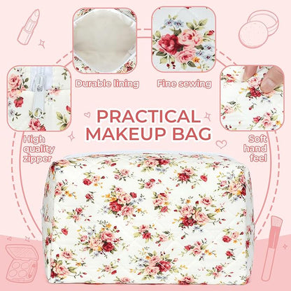 Quilted Makeup Bag Set,Large Floral Cosmetic Pouch For Women,Cute Cotton Brushes Storage Travel Toiletry Organizer Bags(Red Rose)