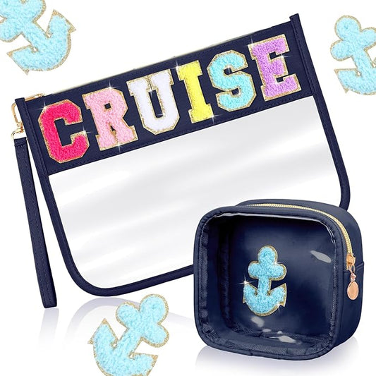 Hillban 2 Pcs Cruise Gifts Chenille Letter Bags Nautical Anchor Makeup Cosmetic Bags Sunscreen Clear Toiletry Travel Pouch Waterproof Purse Sailboat Cruise Survival Kit Portable Storage Organizer