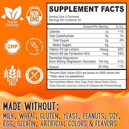 Magnesium Glycinate Gummies 400mg - Magnesium for Sleep, Calm, Relax & Muscle Relief with B6 & D3 and No Melatonin - Family-Friendly for Kids, Teens & Adults - Vegan & Non-GMO Supplement - 60 Count
