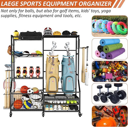 Gadroad Sports Equipment Organizer, Ball Rack, Gear & Ball Storage - Garage Organizer with Baskets, Hooks & Rolling Cart - Black