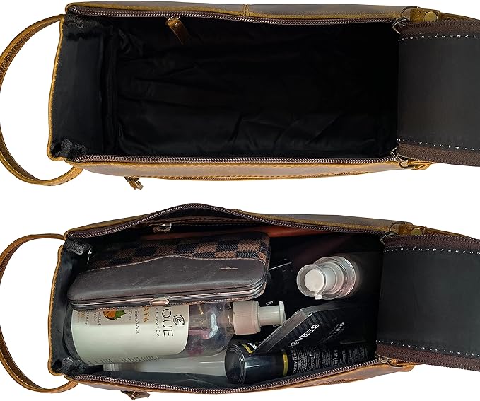 RUSTIC TOWN Buffalo Leather Toiletry Bag : Vintage Travel Shaving & Dopp Kit : for Toiletries, Cosmetics & More : Spacious Interior & Waterproof Lining : Compact, Fits Easily in Luggage