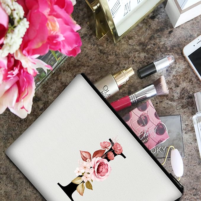 Vavabox A-Z Personalized Makeup Bag, Birthday Gifts for Women Mom, Gifts for Best Friend, Bride Bridesmaid Cosmetic bag (I, White)