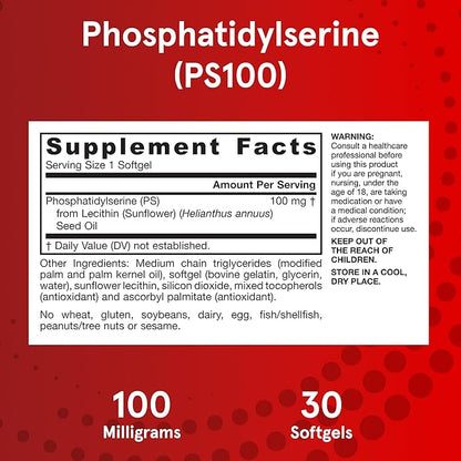 Jarrow Formulas PS100 Phosphatidylserine 100 mg, Dietary Supplement for Brain Health and Cognition Support, 30 Softgels, 10-30 Day Supply, Pack of 12