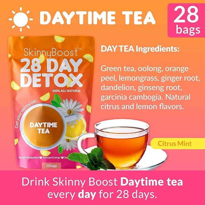 SkinnyBoost 28 Day Detox Daytime Tea -(28 Tea Bags) Supports Metabolism Boost, Detox, All Natural, Non GMO, Vegan, Keto Friendly