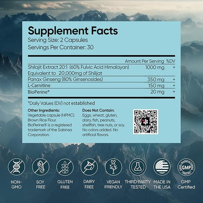 Pure Himalayan Shilajit Supplement 60 Capsules 60% Fulvic Acid 85+ Trace Minerals for Energy Boost & Immune Support Shilajit for Men & Women Alternative to Authentic Shilajit Resin or Pills, USA Made