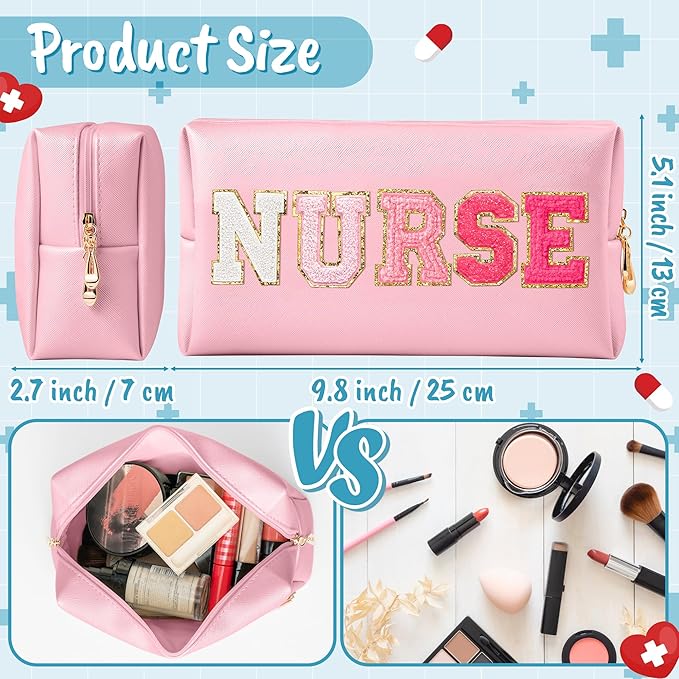 CY2SIDE NURSE Letter Makeup Bag - Gradient Pink Chenille Letter Patch Cosmetic Bag Pink PU Leather Patch Travel Pouch Waterproof Portable Zipper Travel Organizer Case Xmas Gifts for Nurse Women