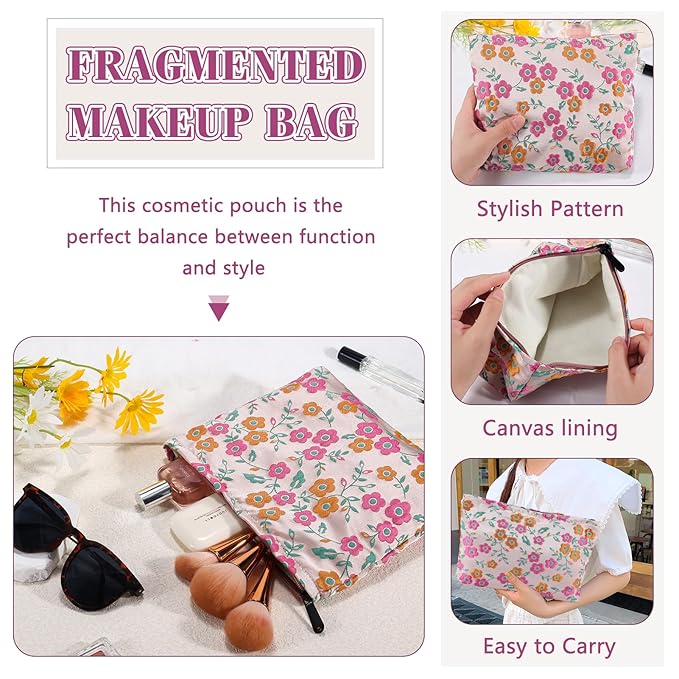 ZLFSRQ Daisy Flower Makeup Bag Travel Cute Floral Cosmetic Bags for Women Large Toiletry Pouch Zipper Cosmetic Pouch for Purse Aesthetic Makeup Organizer Bag Portable Toiletry Bags (Orange and Pink)