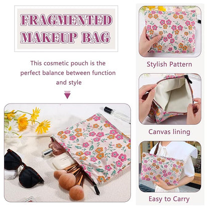 ZLFSRQ Daisy Flower Makeup Bag Travel Cute Floral Cosmetic Bags for Women Large Toiletry Pouch Zipper Cosmetic Pouch for Purse Aesthetic Makeup Organizer Bag Portable Toiletry Bags (Orange and Pink)
