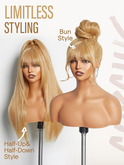GORGIUS Straight Glueless Wig with Bangs Golden Blonde Layered Hair Ready-to-Go Synthetic Bang Wigs with Realistic Scalp 24 Inch