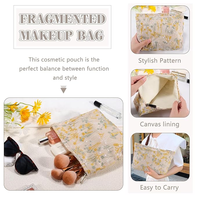 ZLFSRQ Silk Flower Makeup Bag Travel Cute Cosmetic Bags for Women Large Toiletry Pouch Zipper Cosmetic Pouch for Purse Aesthetic Makeup Organizer Bag Portable Toiletry Bags