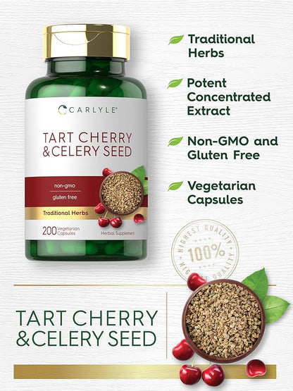 Carlyle Tart Cherry and Celery Seed Supplement | 200 Capsules | Vegetarian, Non-GMO, and Gluten Free