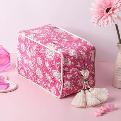 Travel Makeup Bag- Large Capacity Cosmetic Bags for Women - Water Resistance Lining Portable Pouch & Open Toiletry Bag - Perfect Girls Makeup Organizer for Travel Essentials (White & Pink Floral)