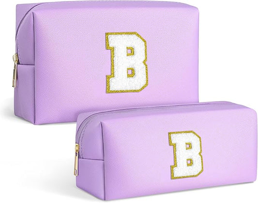 TOPEAST Travel Makeup Bag, Initial Cosmetic Organizer, PU Leather Chenille Letters, Waterproof Toiletry Bag, Travel Essentials, Personalized Gifts for Women, Purple B