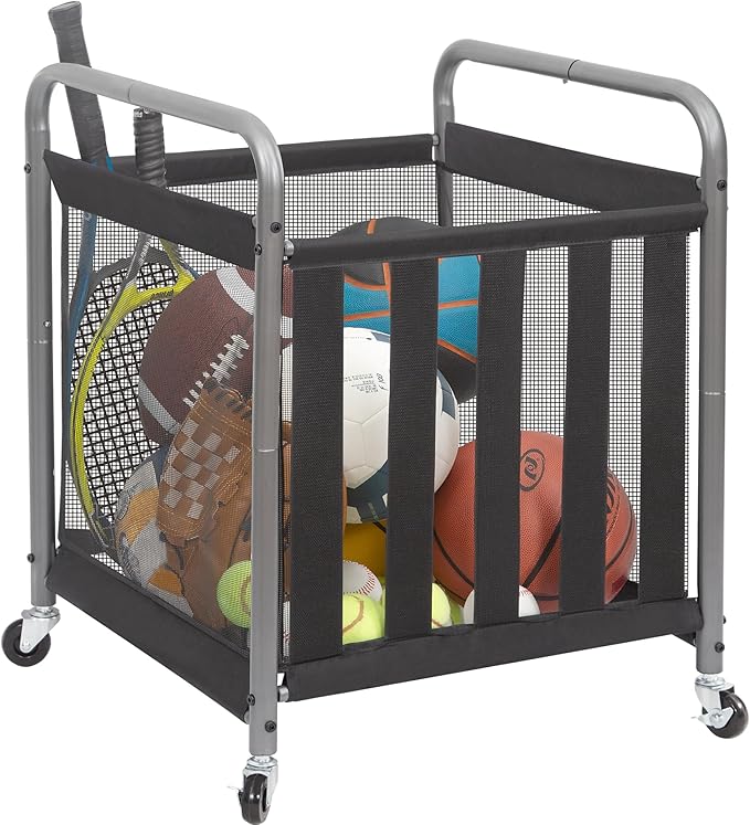 STORAGE MANIAC Ball Storage Bin Rolling Sports Ball Cart, Metal Garage Organizer Sport Rack Basketball Storage Cage for Garage or Gym, Indoor & Outdoor Sports Equipment Organizer