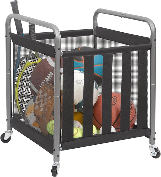 STORAGE MANIAC Ball Storage Bin Rolling Sports Ball Cart, Metal Garage Organizer Sport Rack Basketball Storage Cage for Garage or Gym, Indoor & Outdoor Sports Equipment Organizer