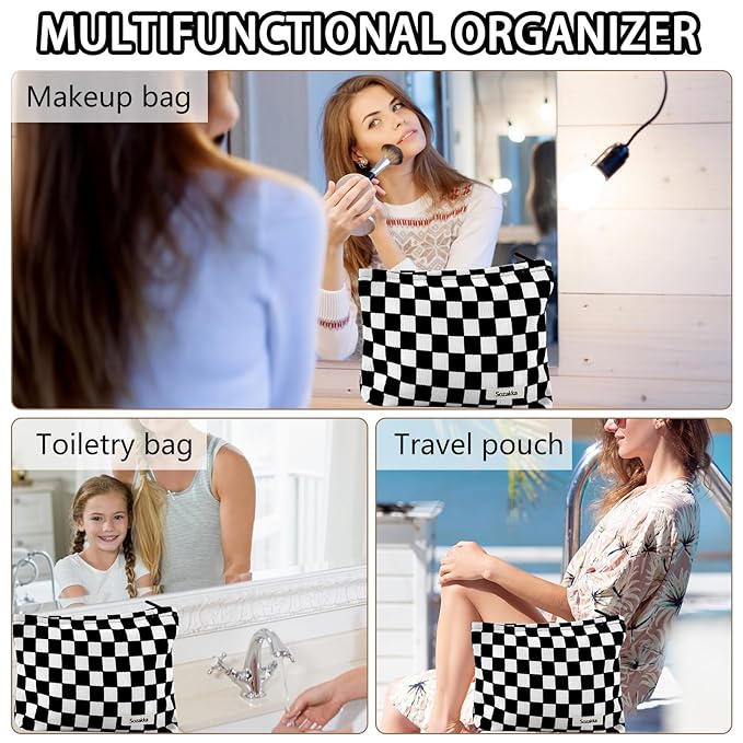 ZLFSRQ Checkered Makeup Bag for Women Large Capacity Black Travel Cosmetic Bag Set Makeup Pouch for Purse Zipper Toiletry Organizer Cute Y2K Aesthetic Trendy Adults Zipper Skincare Storage Organizer