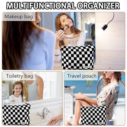 ZLFSRQ Checkered Makeup Bag for Women Large Capacity Black Travel Cosmetic Bag Set Makeup Pouch for Purse Zipper Toiletry Organizer Cute Y2K Aesthetic Trendy Adults Zipper Skincare Storage Organizer