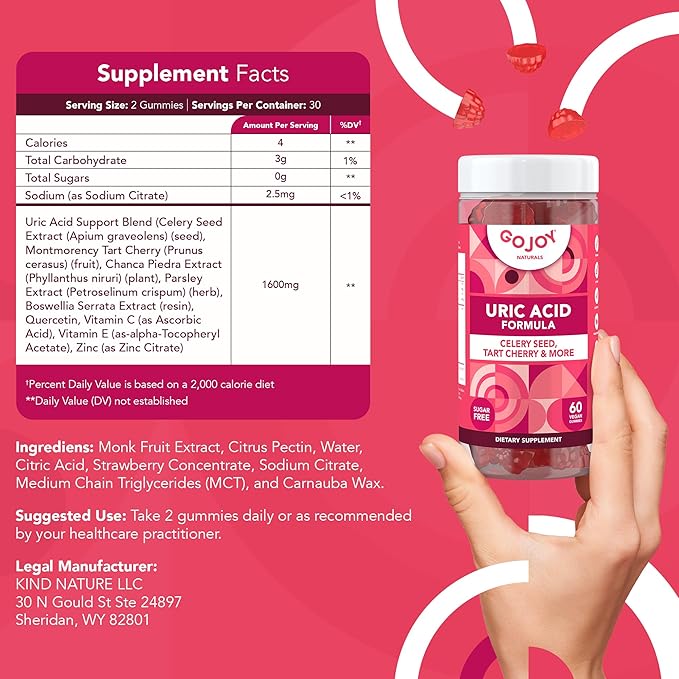 Uric Acid Support Formula for Adults - Tart Cherry Gummies with Celery Seed Extract - for Men and Women's Joints Kidneys and More - Soy & Sugar Free