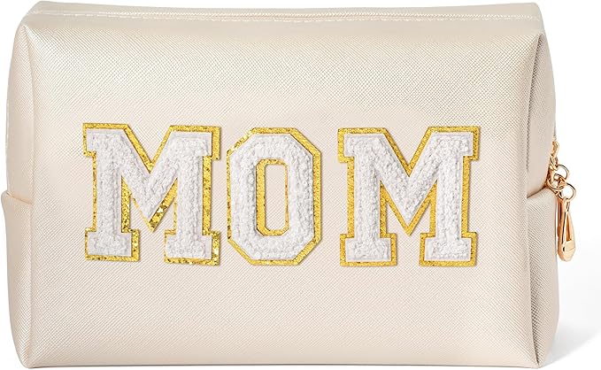 CY2SIDE MOM Letter Makeup Bag - White Mom Chenille Letter Patch Cosmetic Bag Pink PU Leather Patch Travel Pouch Waterproof Portable Zipper Travel Organizer Case Christmas Idea Gifts for Mother Women
