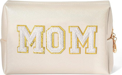 CY2SIDE MOM Letter Makeup Bag - White Mom Chenille Letter Patch Cosmetic Bag Pink PU Leather Patch Travel Pouch Waterproof Portable Zipper Travel Organizer Case Christmas Idea Gifts for Mother Women