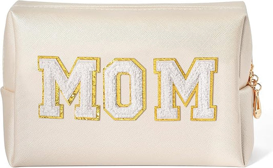 CY2SIDE MOM Letter Makeup Bag - White Mom Chenille Letter Patch Cosmetic Bag Pink PU Leather Patch Travel Pouch Waterproof Portable Zipper Travel Organizer Case Christmas Idea Gifts for Mother Women